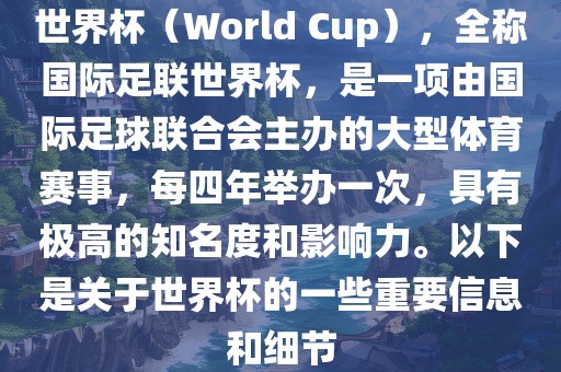 世界杯（World Cup），全称国际足联世界杯，是一项由国际足球联合会主办的大型体育赛事，每四年举办一次，具有极高的知名度和影响力。以下是关于世界杯的一些重要信息和细节