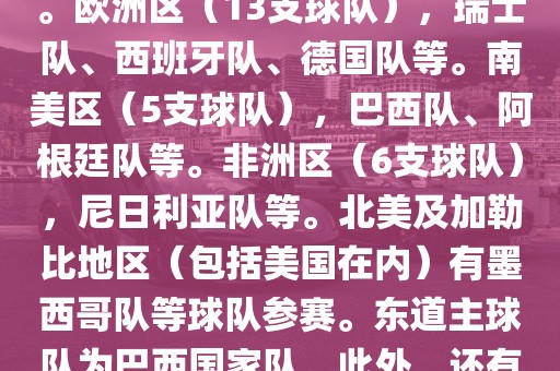 亚洲区（4支球队），澳大利亚队、日本队、韩国队和伊朗队。欧洲区（13支球队），瑞士队、西班牙队、德国队等。南美区（5支球队），巴西队、阿眉山市正发家政服务有限公司根廷队等。非洲区（6支球队），尼日利亚队等。北美及加勒比地区（包括美国在内）有墨西哥队等球队参赛。东道主球队为巴西国家队。此外，还有哥斯达黎加国家队也参与了此次世界杯比赛。