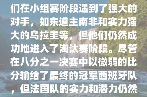 在2010年世界杯足球赛中，法国队的表现相当出色。尽管他们在小组赛阶段遇到了强大的对手，如东道主南非和实力强大的乌拉圭等，但他们仍然成功地进入了淘汰赛阶段。尽管在八分之一决赛中以微弱的比分输给了最终的冠军西班牙队，但法国队的实力和潜力仍然备受瞩目。以下是关于法国队在世界杯上的一些重要信息