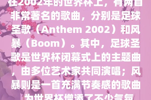 在2002年的世界杯上，有两首非常著名的歌曲，分别是足球圣歌（Anthem 2002）和风暴（Boom）。其中，足球圣歌是世界杯闭幕式上的主题曲，由多位艺术家共同演唱；风暴则是一首充满节奏感的歌曲，为世界杯增添了不少气氛。