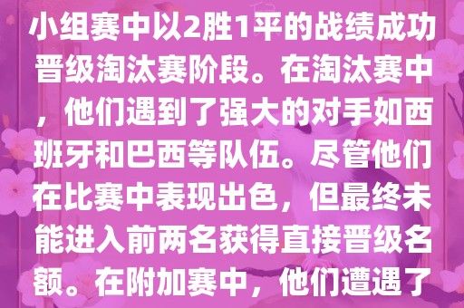 在2010年南非世界杯中，葡萄牙队的表现引人注目。他们在小组赛中以2胜1平的战绩成功晋级淘汰赛阶段。在淘汰赛中，他们遇到了强大的对手如西班牙和巴西等队伍。尽管他们在比赛中表现出色，但最终未能进入前两名获得直接晋级名额。在附加赛中，他们遭遇了实力强大的其他队伍，最终未能晋级世界杯决赛圈。