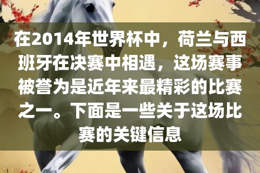 在2014年世界杯中，荷兰与西班牙在决赛中相遇，这场赛事被誉为是近年来最精彩的比赛之一。下面是一些关于这场比赛的关键信息