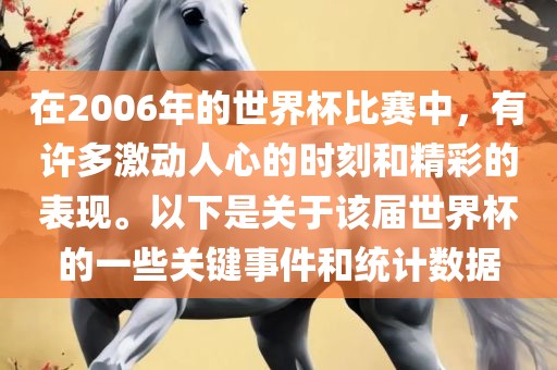 在2006年的世界杯比赛中，有许多激动人心的时刻和精彩的表现。以下是关于该届世界杯的一些关键事件和统计数据