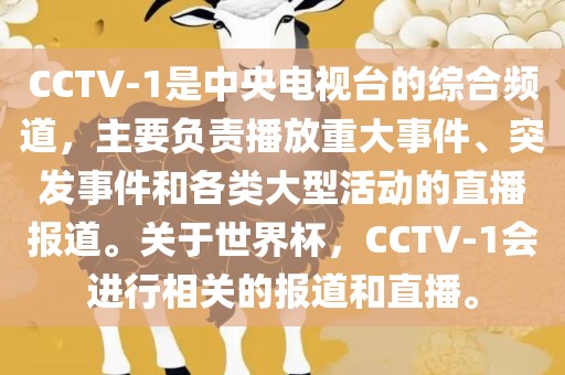CCTV-1是中央电视台的综合频道，主要负责播放重大事件、突发事件和各类大型活动的直播报道。关于世界杯，CCTV-1会进行相关的报道和直播。