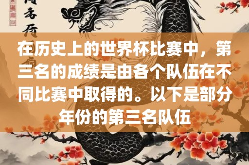 在历史上的世界杯比赛中，第三名的成绩是由各个队伍在不同比赛中取得的。以下是部分年份的第三名队伍