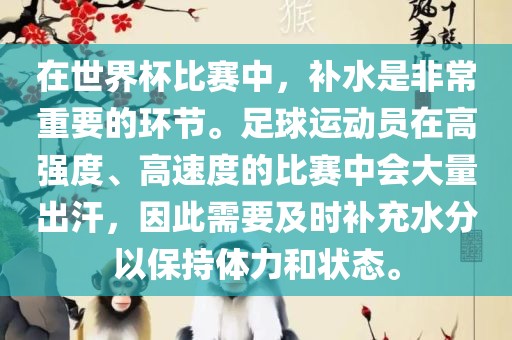 在世界杯比赛中，补水是非常重要的环节。足球运动员在高强度、高速度的比赛中会大量出汗，因此需要及时补充水分以保持体力和状态。