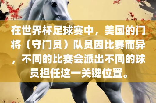 在世界杯足球赛中，美国的门将（守门员）队员因比赛而异，不同的比赛会派出不同的球员担任这一关键位置。