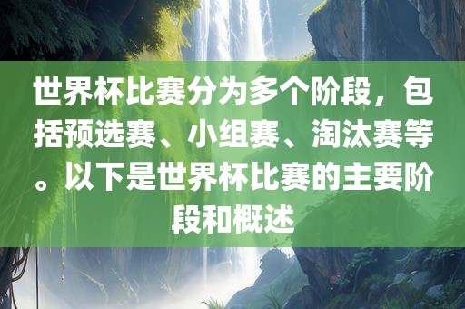 世界杯比赛分为多个阶段，包括预选赛、小组赛、淘汰赛等。以下是世界杯比赛的主要阶段和概述