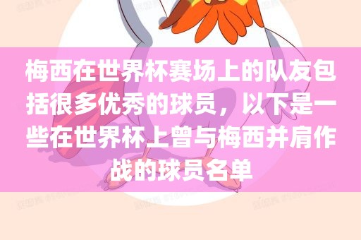 梅西在世界杯赛场上的队友包括很多优秀的球员，以下是一些在世界杯上曾与梅西并肩作战的球员名单