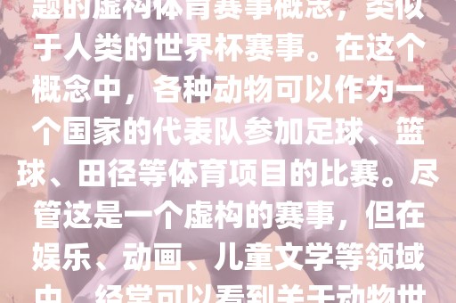 动物世界杯是一个以动物为主题的虚构体育赛事概念，类似于人类的世界杯赛事。在这个概念中，各种动物可以作为一个国家的代表队参加足球、篮球、田径等体育项目的比赛。尽管这是一个虚构的赛事，但在娱乐、动画、儿童文学等领域中，经常可以看到关于动物世界杯的故事和情节。