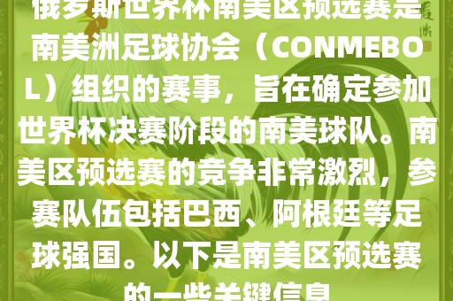 俄罗斯世界杯南美区预选赛是南美洲足球协会（CONMEBOL）组织的赛事，旨在确定参加世界杯决赛阶段的南美球队。南美区预选赛的竞争非常激烈，参赛队伍包括巴西、阿根廷等足球强国。以下是南美区预选赛的一些关键信息